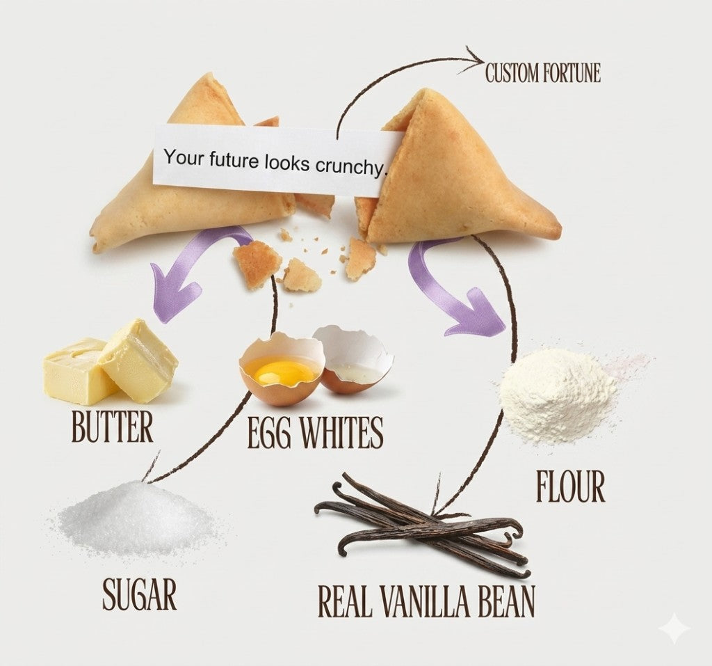 Fortune cookie with custom fortune slip and labeled ingredients: butter, egg whites, flour, sugar, and vanilla bean.